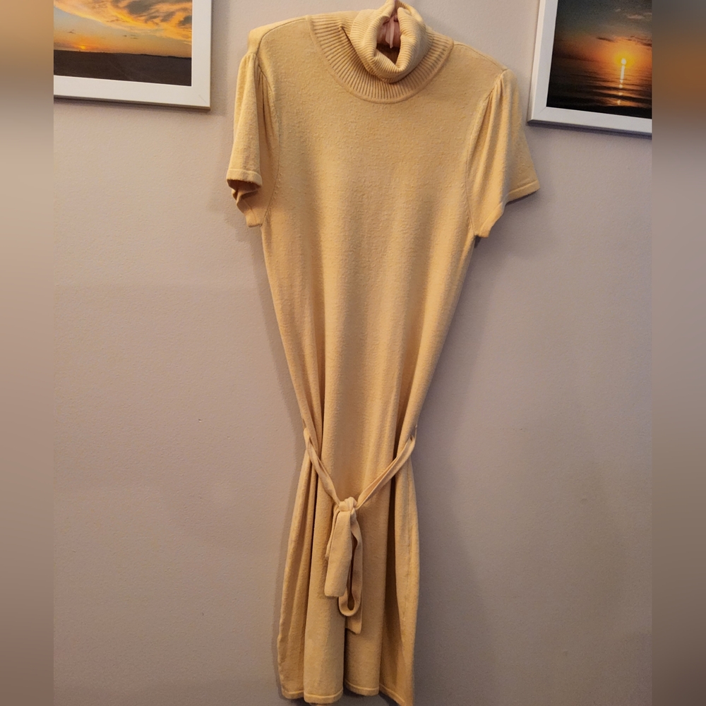 Turtleneck Short-Sleeve Knit Dress in Light Beige